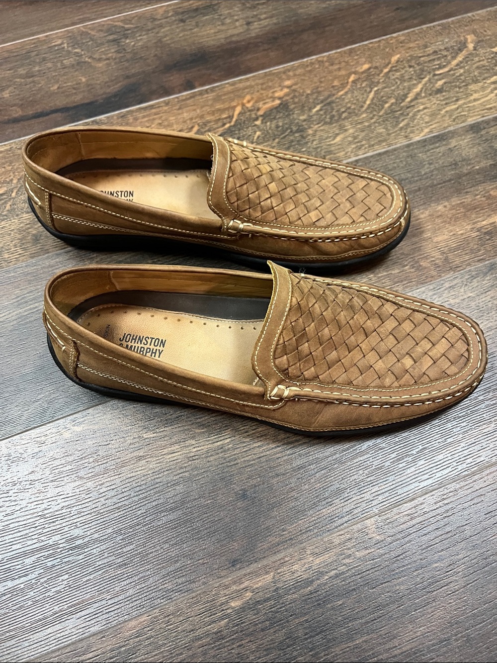 Johnston & Murphy Tan Woven Leather Slip-On Loafers